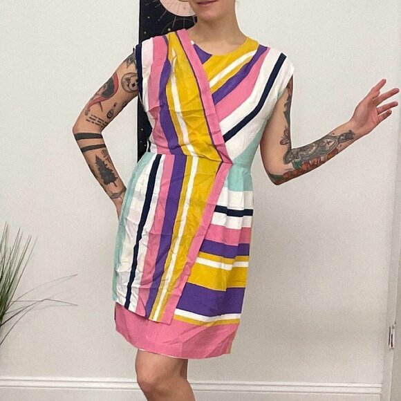 Slate & Willow Combo Striped Faux Wrap Dress Cap Sleeve Size 8 Pink/Yellow - Picture 7 of 16